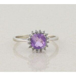 10k White Gold Natural Amethyst and Diamond Ring Size 9
